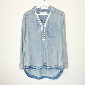 Vintage Havana Distressed Lace Up Yoke Chambray Shirt